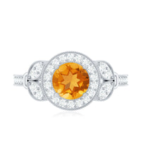 Vintage Style 7mm Citrine Engagement Ring with Diamond Halo