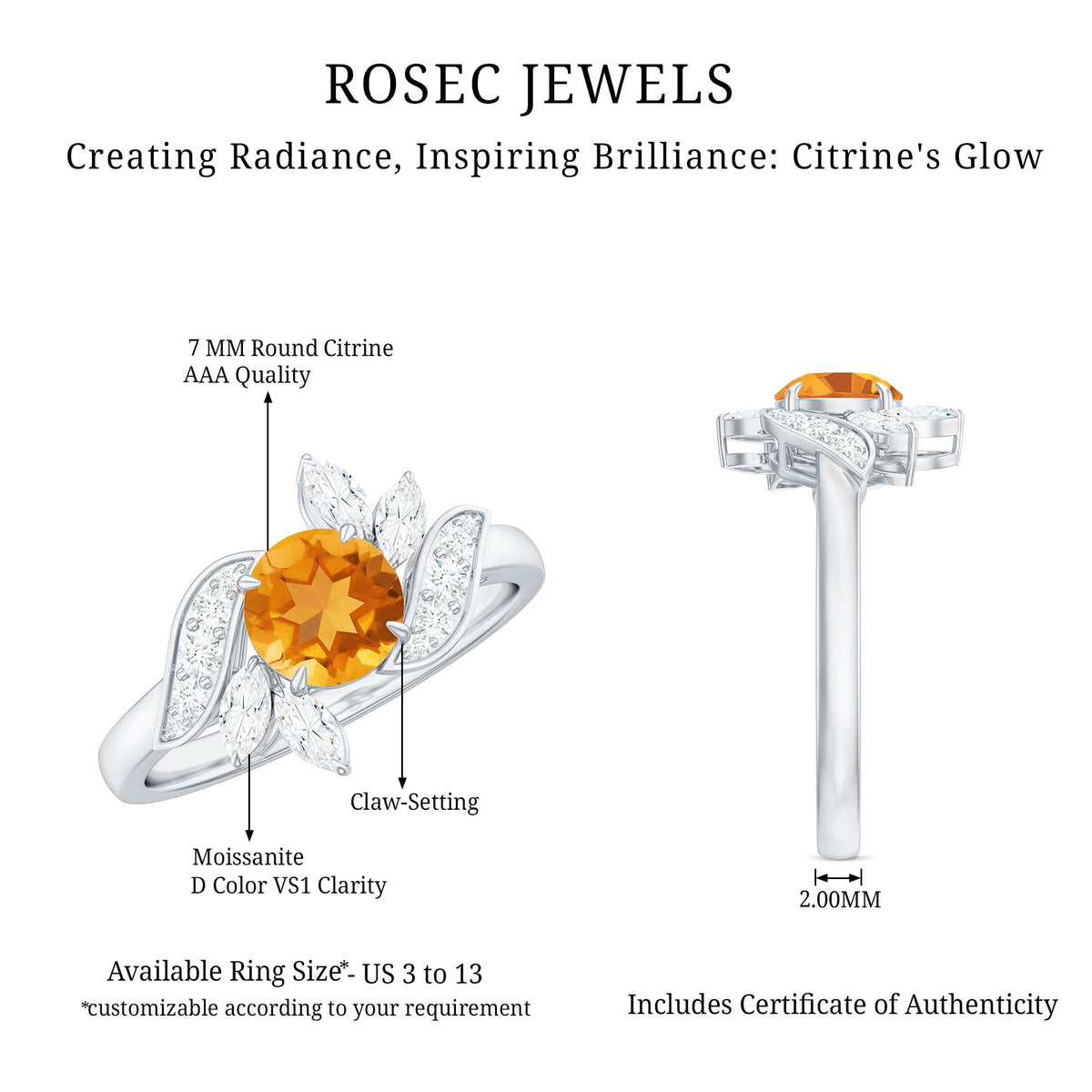 Certified Real 7mm Citrine Engagement Ring with Moissanite
