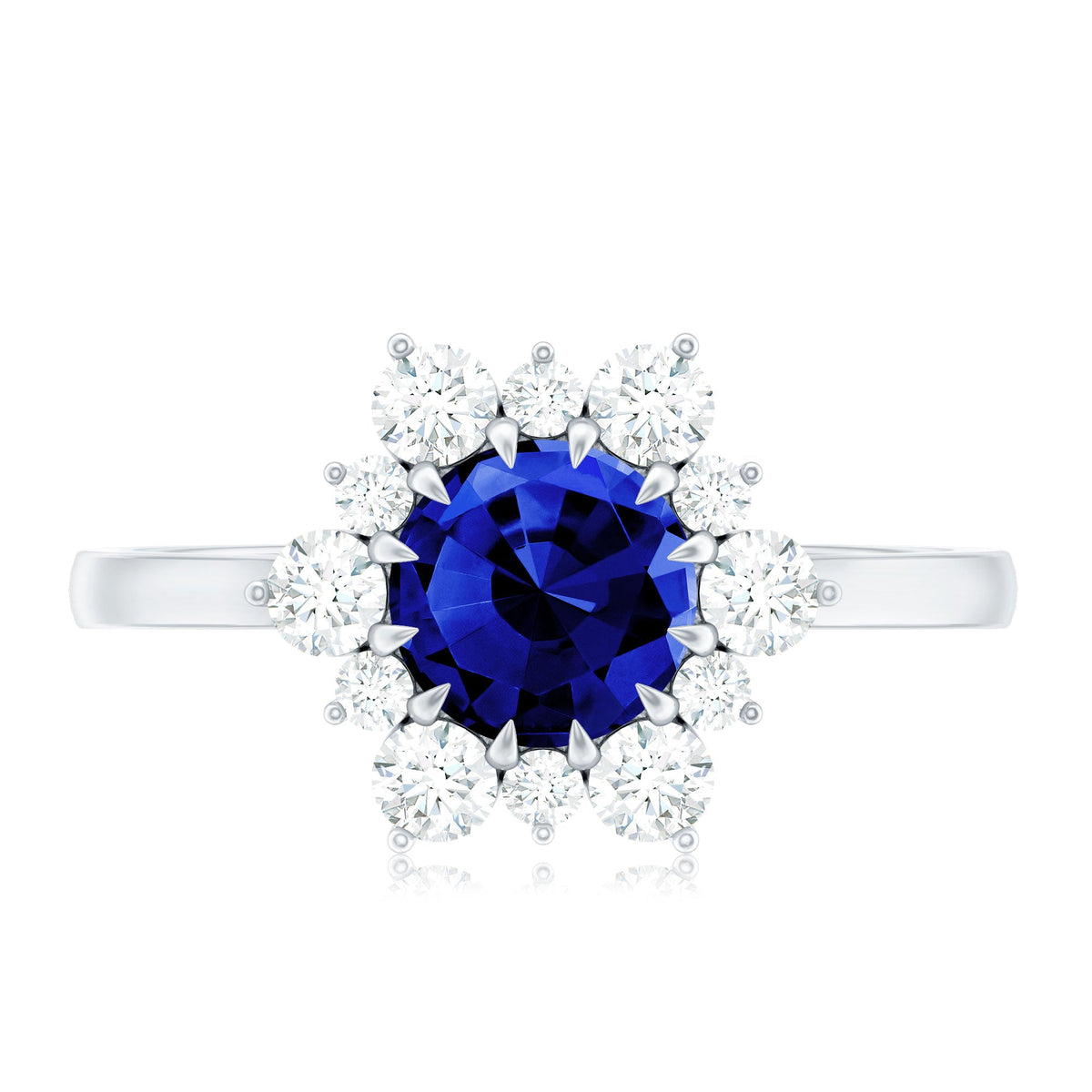 Round Cut Created Blue Sapphire Classic Halo Engagement Ring with Moissanite