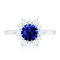 Round Cut Created Blue Sapphire Classic Halo Engagement Ring with Moissanite