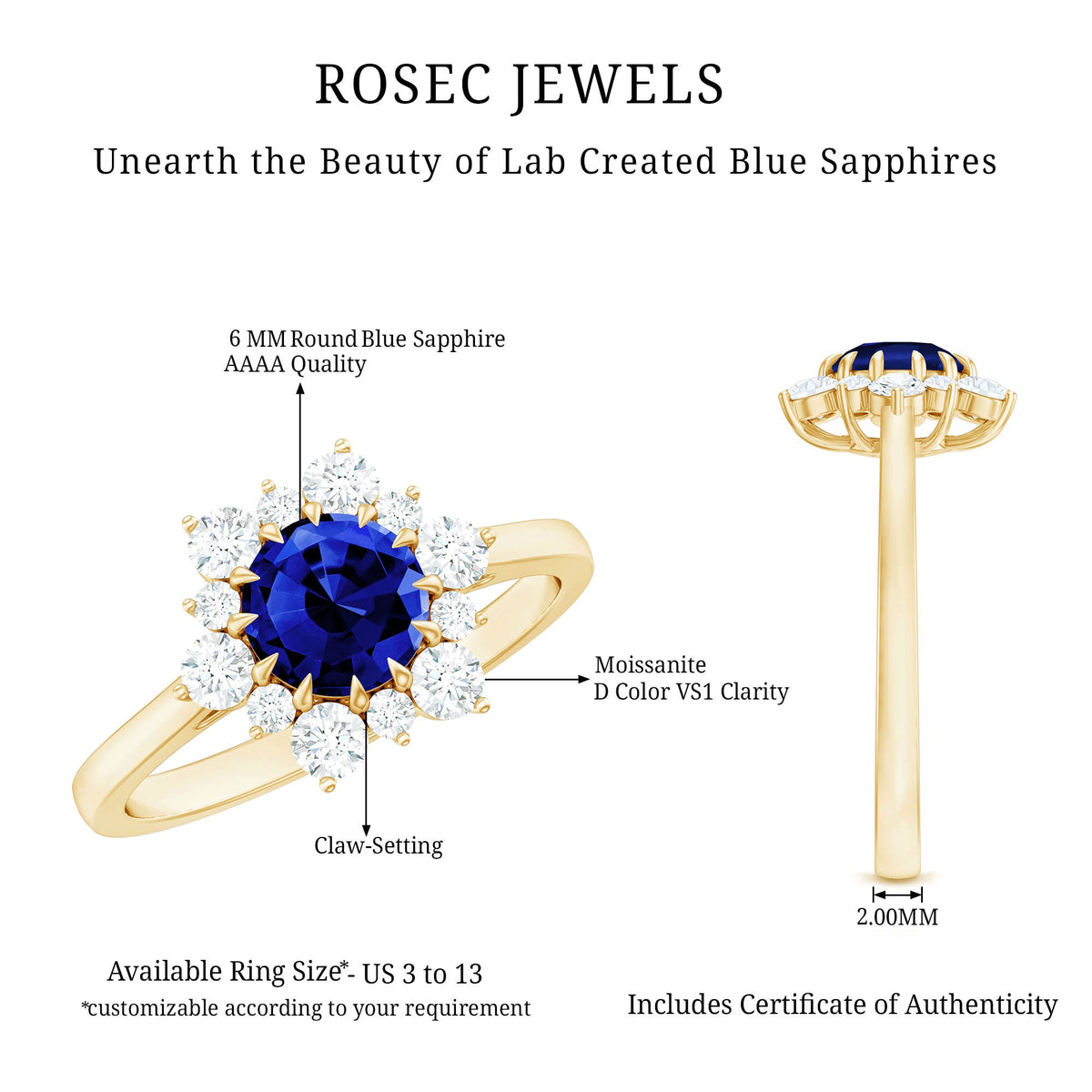 Round Cut Created Blue Sapphire Classic Halo Engagement Ring with Moissanite