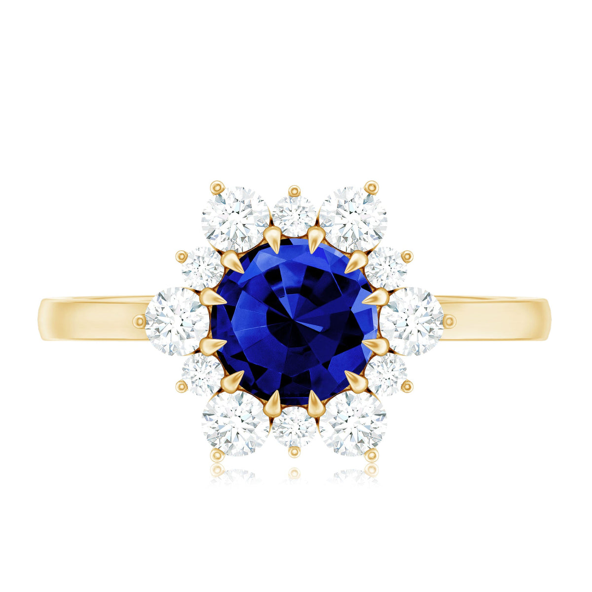 Round Cut Created Blue Sapphire Classic Halo Engagement Ring with Moissanite