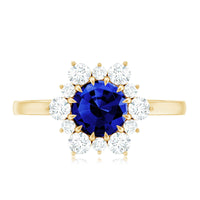 Round Cut Created Blue Sapphire Classic Halo Engagement Ring with Moissanite