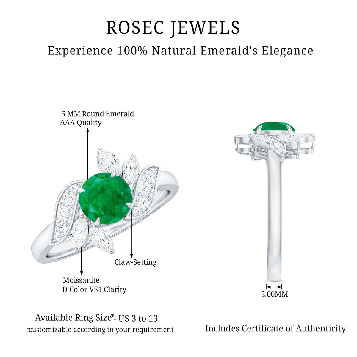 Natural 0.4 carat emerald engagement ring with diamonds, Rosec Jewels ring featuring a central emerald gemstone and diamond accents.