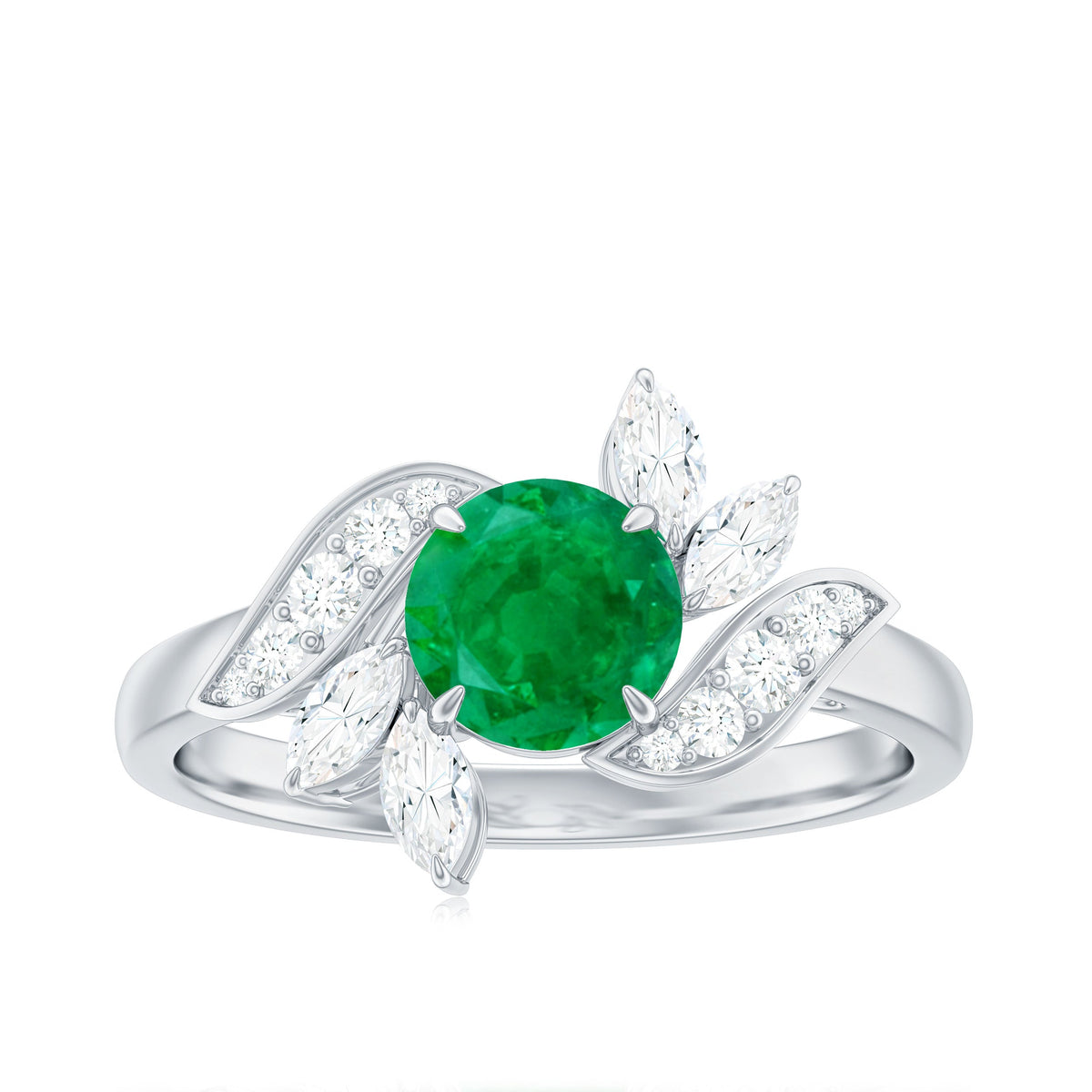 Natural 0.4 carat emerald engagement ring with diamonds by Rosec Jewels, featuring a detailed view of the ring's design and gemstones.