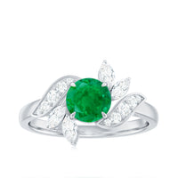 Natural 0.4 carat emerald engagement ring with diamonds by Rosec Jewels, featuring a detailed view of the ring's design and gemstones.