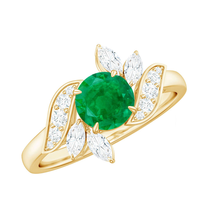 Natural 0.4 carat emerald engagement ring with diamonds from Rosec Jewels, showcasing the detailed design and sparkling gemstones.