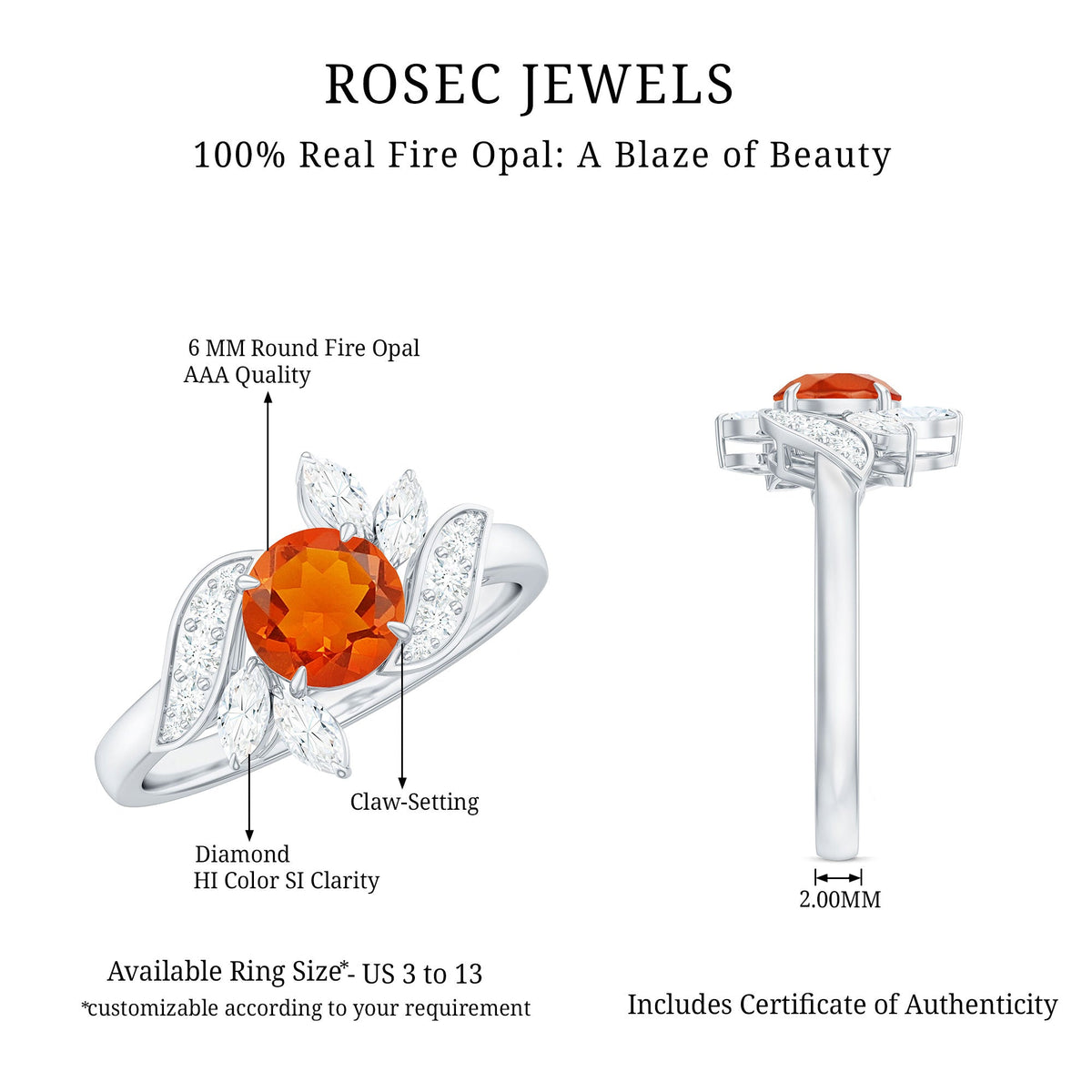 Rosec Jewels 1.25 CT fire opal flower engagement ring with diamond accents, showcasing a vibrant orange gemstone and intricate floral design.