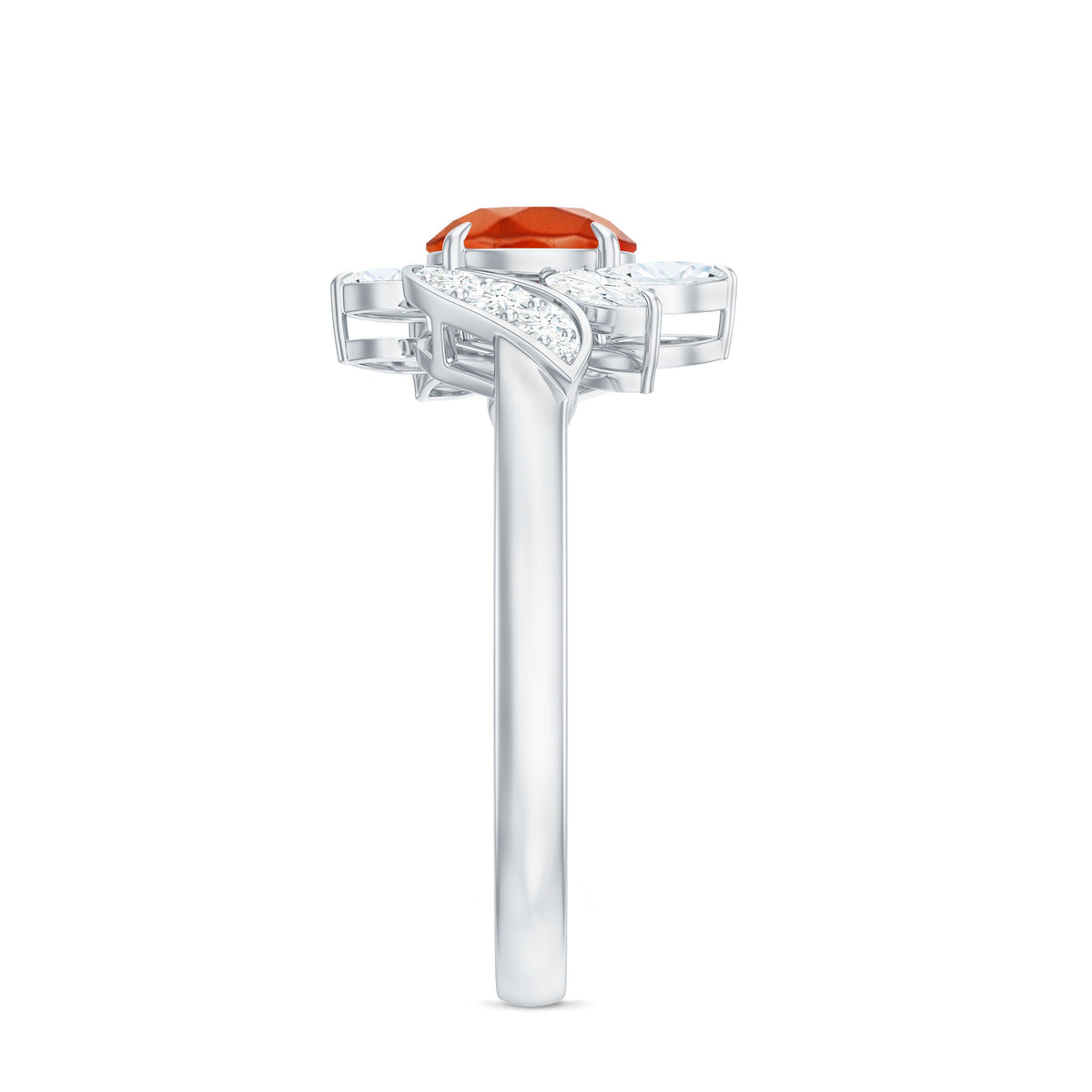 Rosec Jewels 1.25 CT fire opal flower engagement ring with diamond, showcasing vibrant orange and white gemstone details.