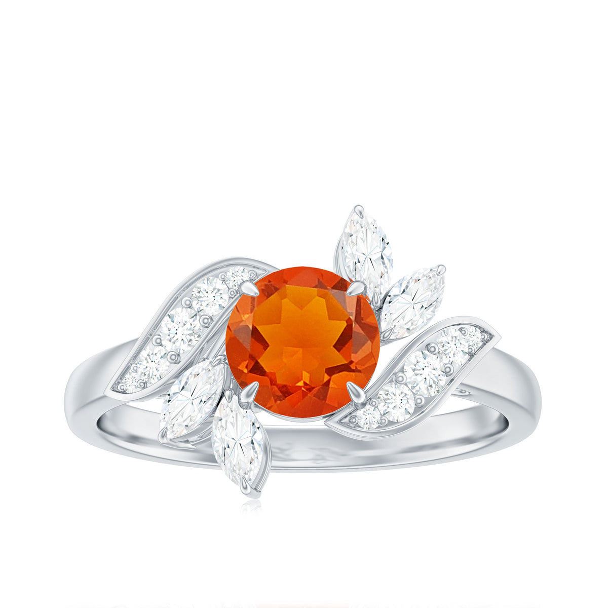 1.25 CT fire opal flower engagement ring with diamond accents by Rosec Jewels, showcasing a vivid orange gemstone and intricate floral design.