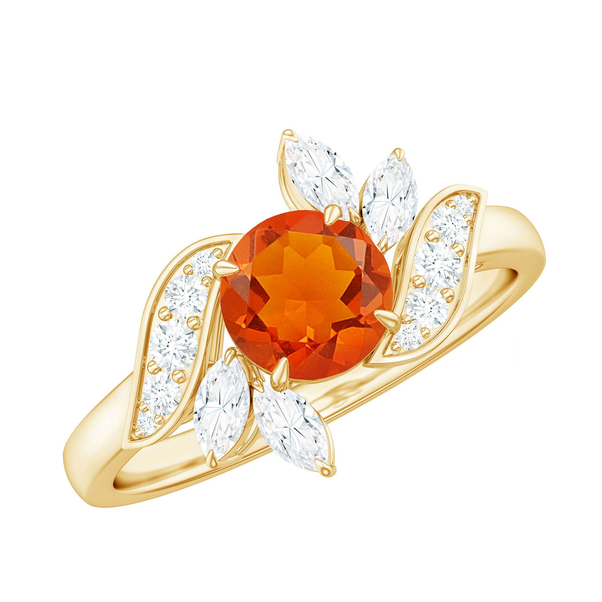 Rosec Jewels 1.25 CT fire opal flower engagement ring with diamond detailing, showcasing vibrant orange gemstone and intricate floral design.