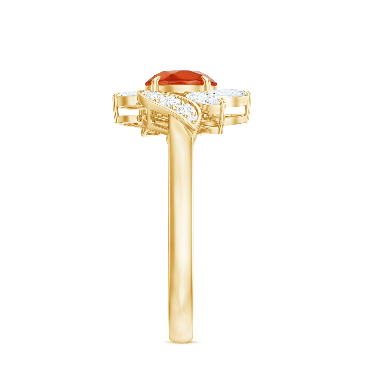 Rosec Jewels 1.25 CT fire opal flower engagement ring with diamond accent, showcasing a vibrant opal floral design on a silver band.