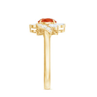 Rosec Jewels 1.25 CT fire opal flower engagement ring with diamond accent, showcasing a vibrant opal floral design on a silver band.