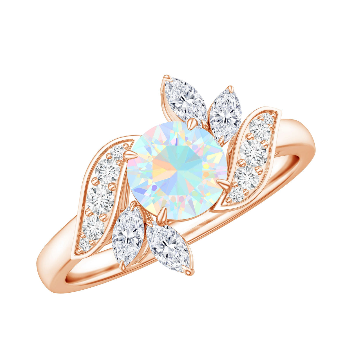Ethiopian Opal and diamond engagement ring featuring nature-inspired design by Rosec Jewels, with intricate detailing and shimmering stones.