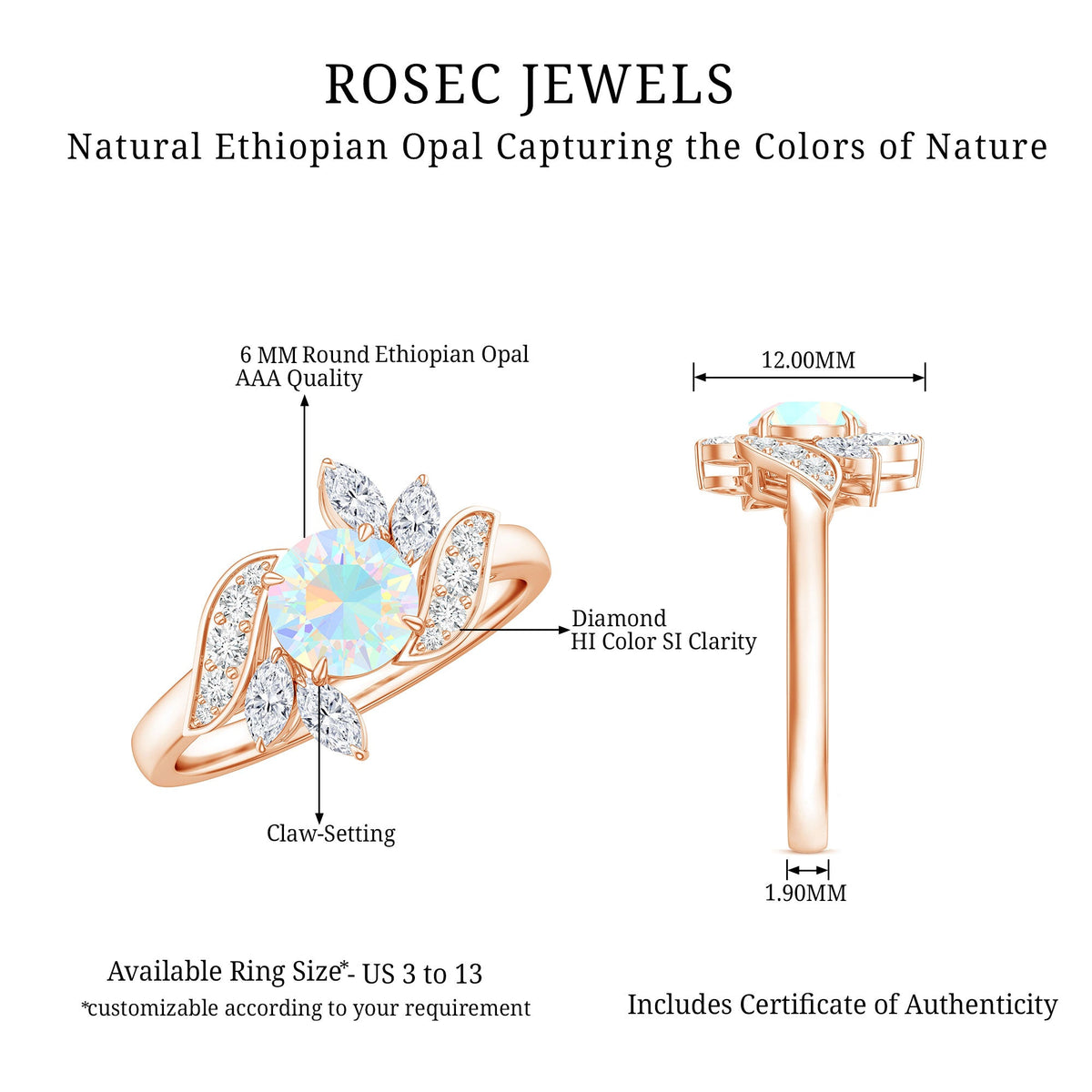 Ethiopian Opal and diamond engagement ring by Rosec Jewels featuring a nature-inspired design with a central opal and sparkling diamonds.