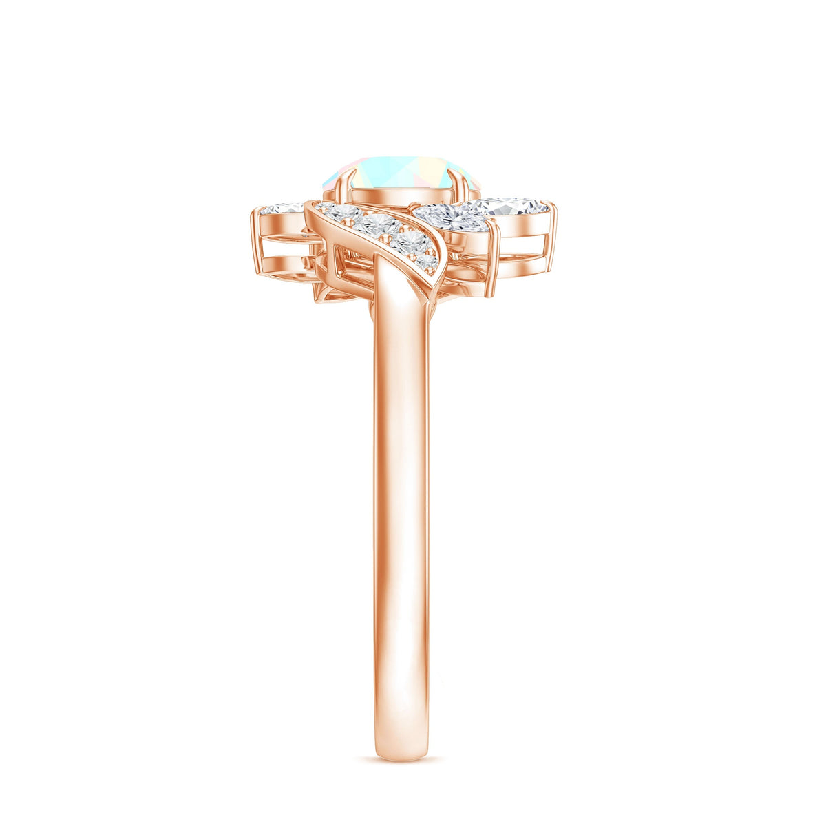 Ethiopian opal and diamond engagement ring with nature-inspired design from Rosec Jewels, featuring a vibrant opal and sparkling diamonds.