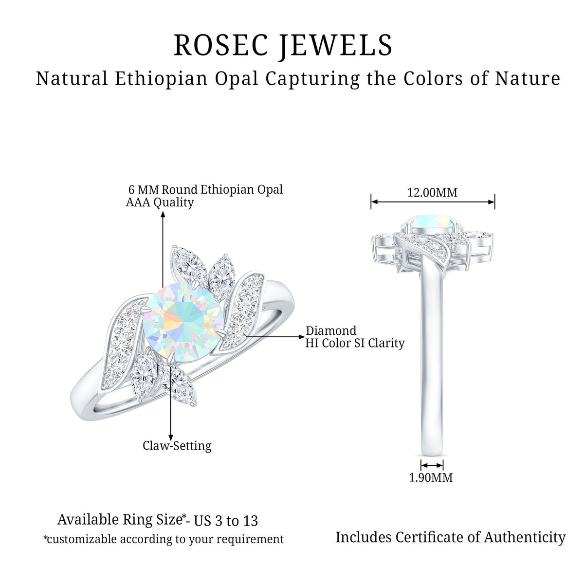 Ethiopian opal and diamond engagement ring featuring nature-inspired design, crafted by Rosec Jewels.
