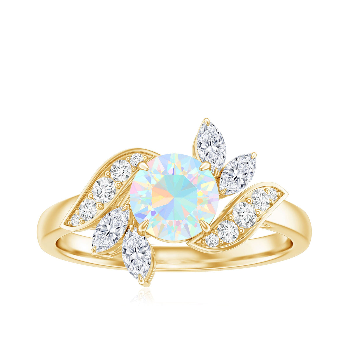 Ethiopian opal and diamond engagement ring by Rosec Jewels featuring a nature-inspired design with sparkling gemstones.