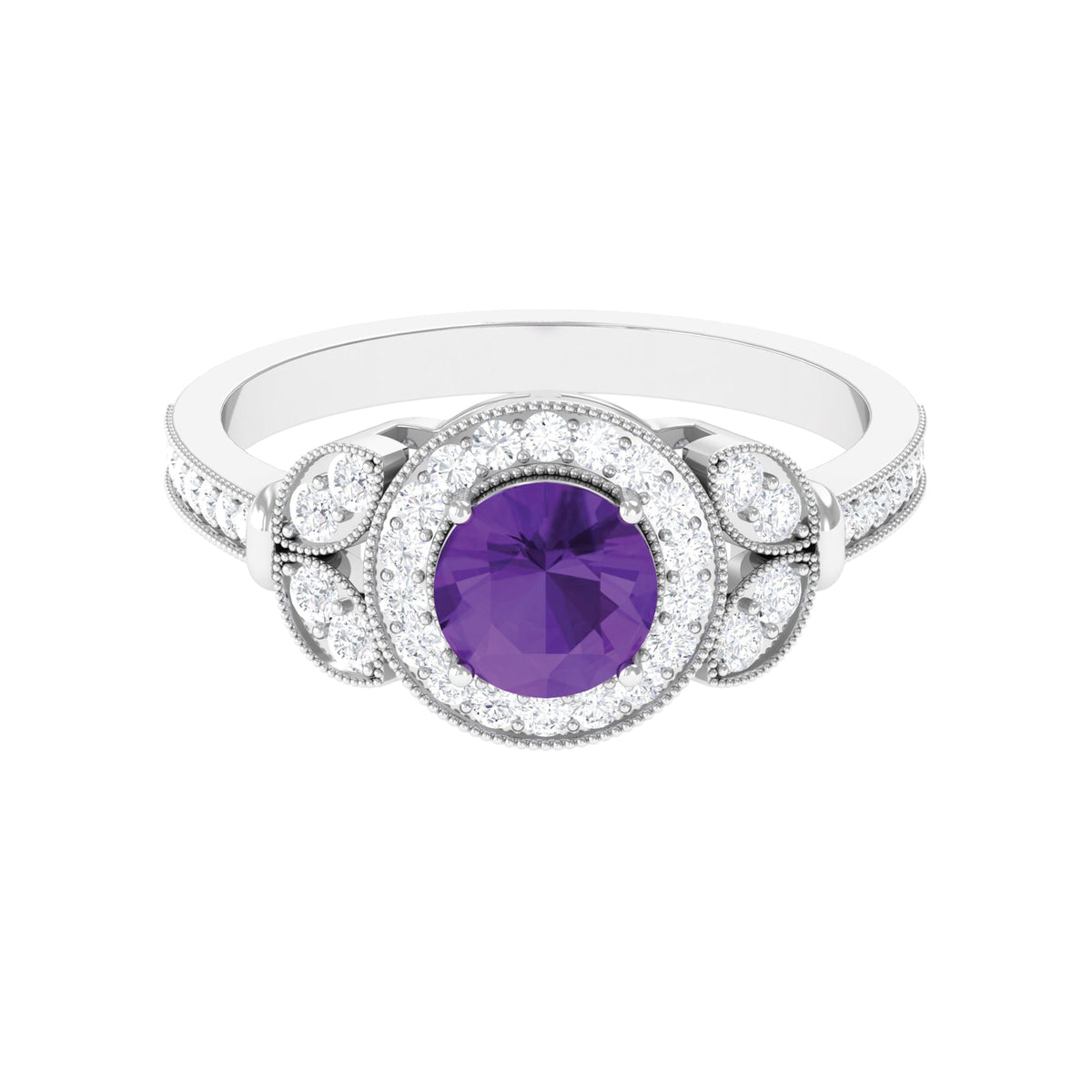 Vintage-style amethyst and diamond halo engagement ring by Rosec Jewels, featuring intricate detailing and a central purple gemstone.