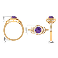 Vintage-looking amethyst and diamond halo engagement ring by Rosec Jewels, featuring a central purple gemstone with surrounding diamonds.
