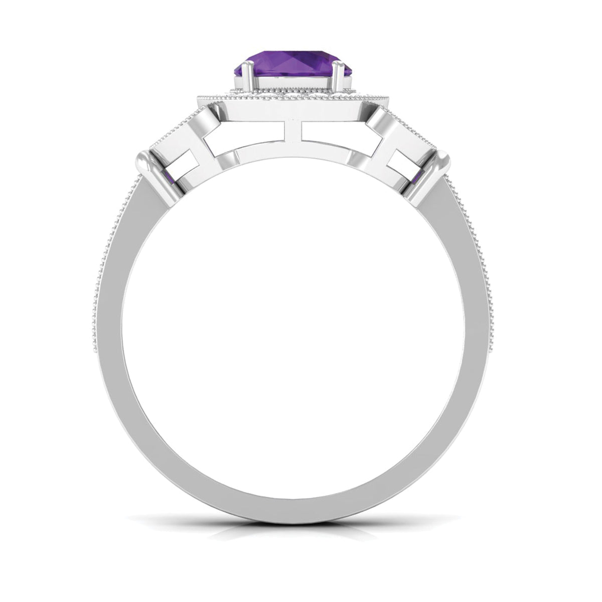 Vintage amethyst and diamond halo engagement ring by Rosec Jewels featuring a central purple gemstone and sparkling side stones.