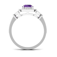 Vintage amethyst and diamond halo engagement ring by Rosec Jewels featuring a central purple gemstone and sparkling side stones.