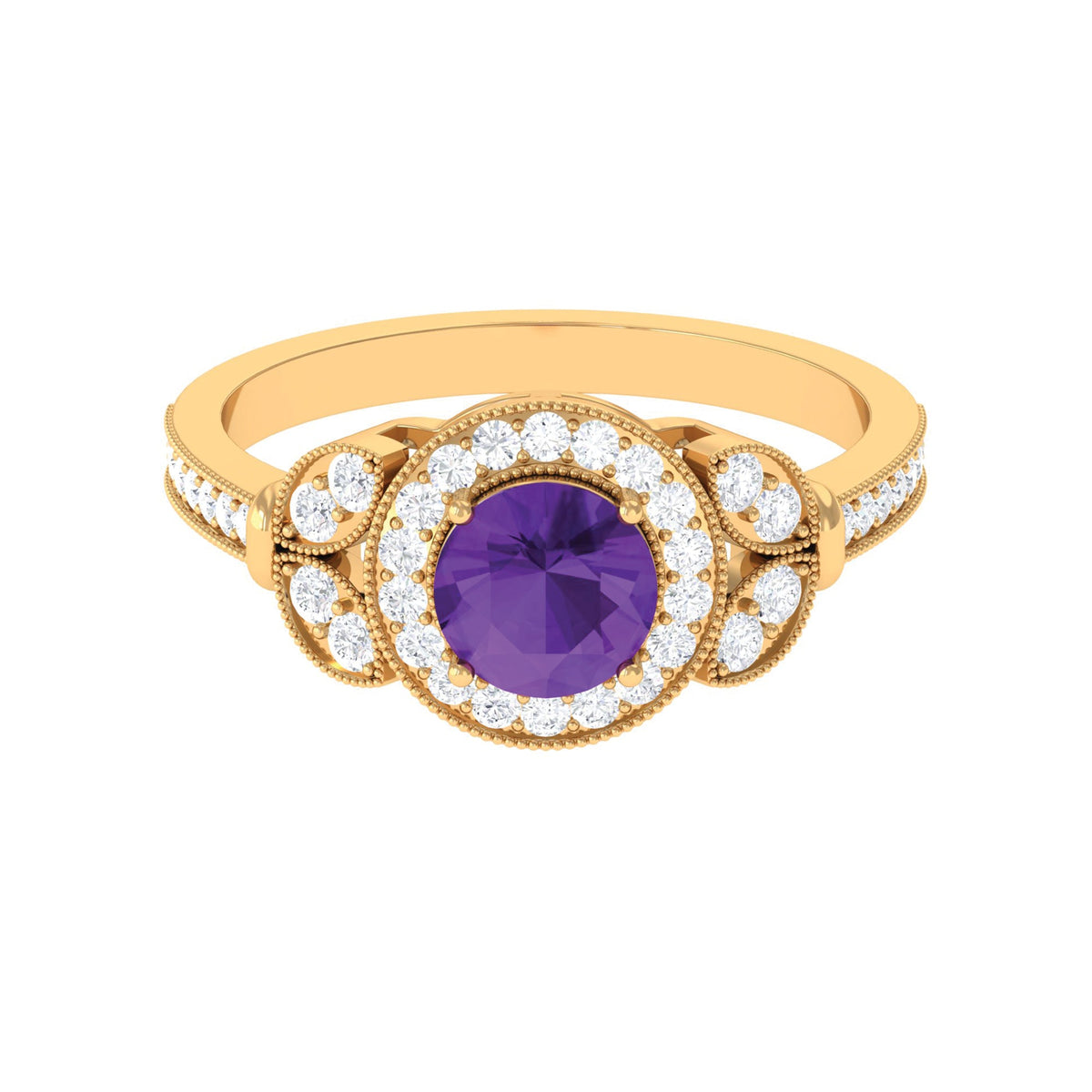 Vintage-style amethyst and diamond halo engagement ring by Rosec Jewels featuring a central purple gemstone surrounded by sparkling diamonds.