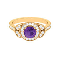 Vintage-style amethyst and diamond halo engagement ring by Rosec Jewels featuring a central purple gemstone surrounded by sparkling diamonds.
