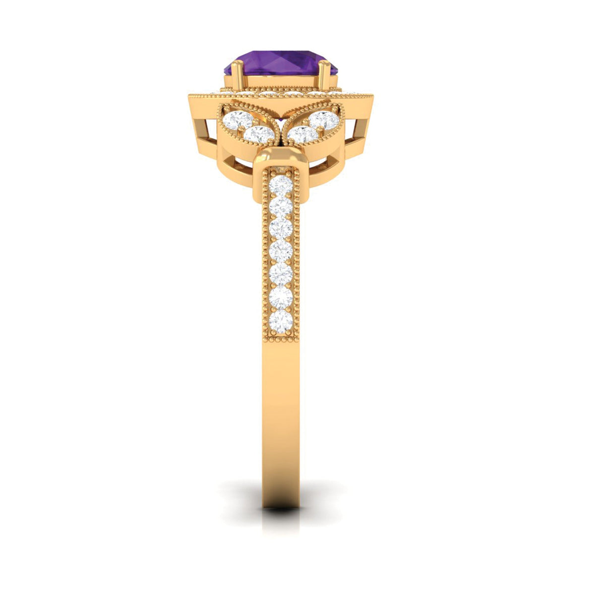 Vintage-style amethyst and diamond halo engagement ring from Rosec Jewels featuring a central amethyst gemstone and intricate detailing.