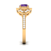 Vintage-style amethyst and diamond halo engagement ring from Rosec Jewels featuring a central amethyst gemstone and intricate detailing.