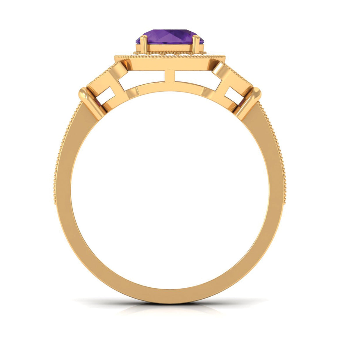 Vintage-looking amethyst and diamond halo engagement ring from Rosec Jewels, featuring intricate detailing and a central purple gemstone.
