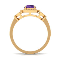 Vintage-looking amethyst and diamond halo engagement ring from Rosec Jewels, featuring intricate detailing and a central purple gemstone.
