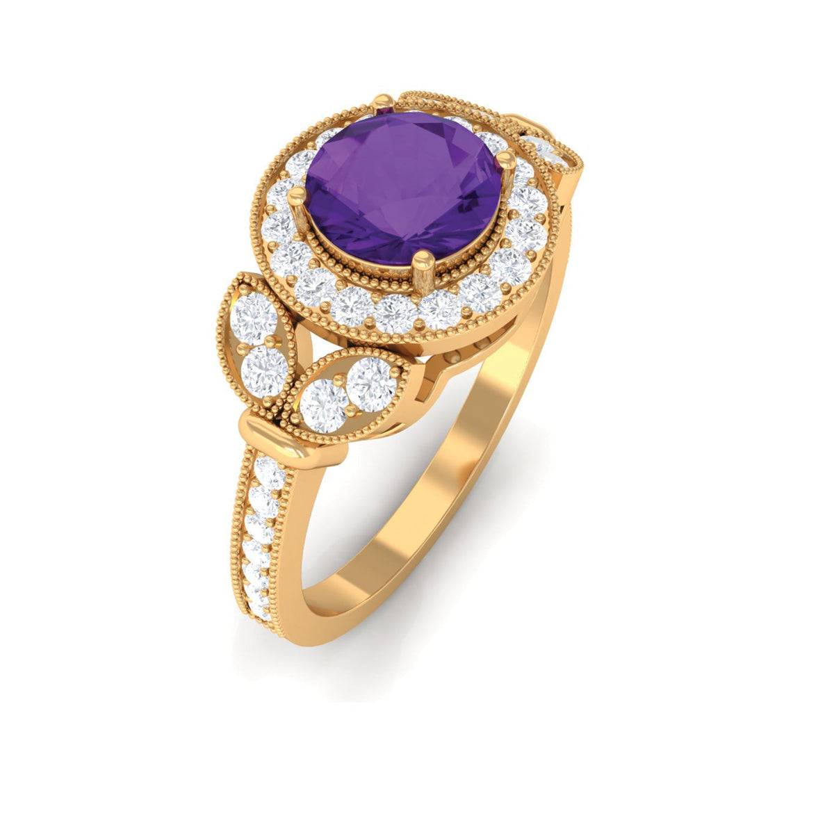 Vintage-style amethyst and diamond halo engagement ring by Rosec Jewels, featuring a central amethyst gemstone surrounded by diamonds.