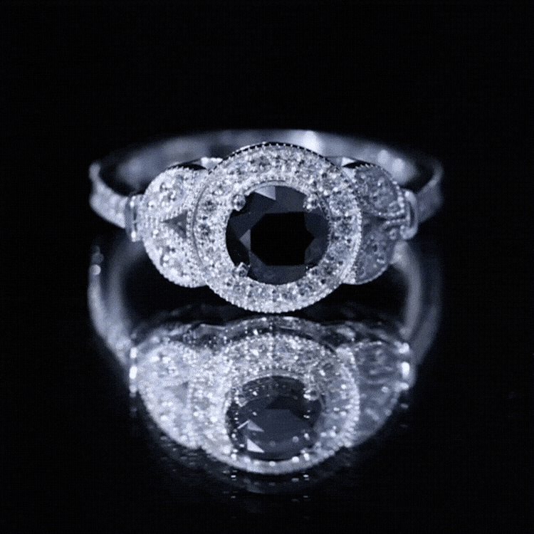 Vintage style 1.3 carat lab-grown black diamond engagement ring with white diamonds by Rosec Jewels, showcasing intricate design and sparkle.