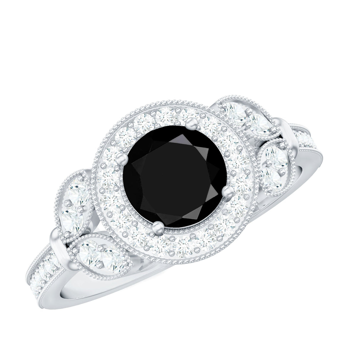 Vintage-looking 1.3 carat lab-grown black diamond engagement ring with white diamonds from Rosec Jewels, showcasing intricate design.