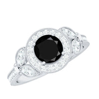 Vintage-looking 1.3 carat lab-grown black diamond engagement ring with white diamonds from Rosec Jewels, showcasing intricate design.