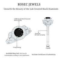 Vintage looking Rosec Jewels 1.3 carat lab-grown black diamond engagement ring with white diamond accents, elegant and unique design