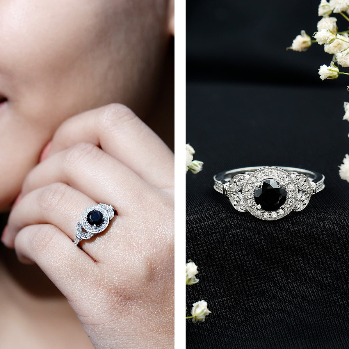 Vintage style 1.3 carat lab-grown black diamond engagement ring with white diamond from Rosec Jewels, showcasing intricate metalwork.