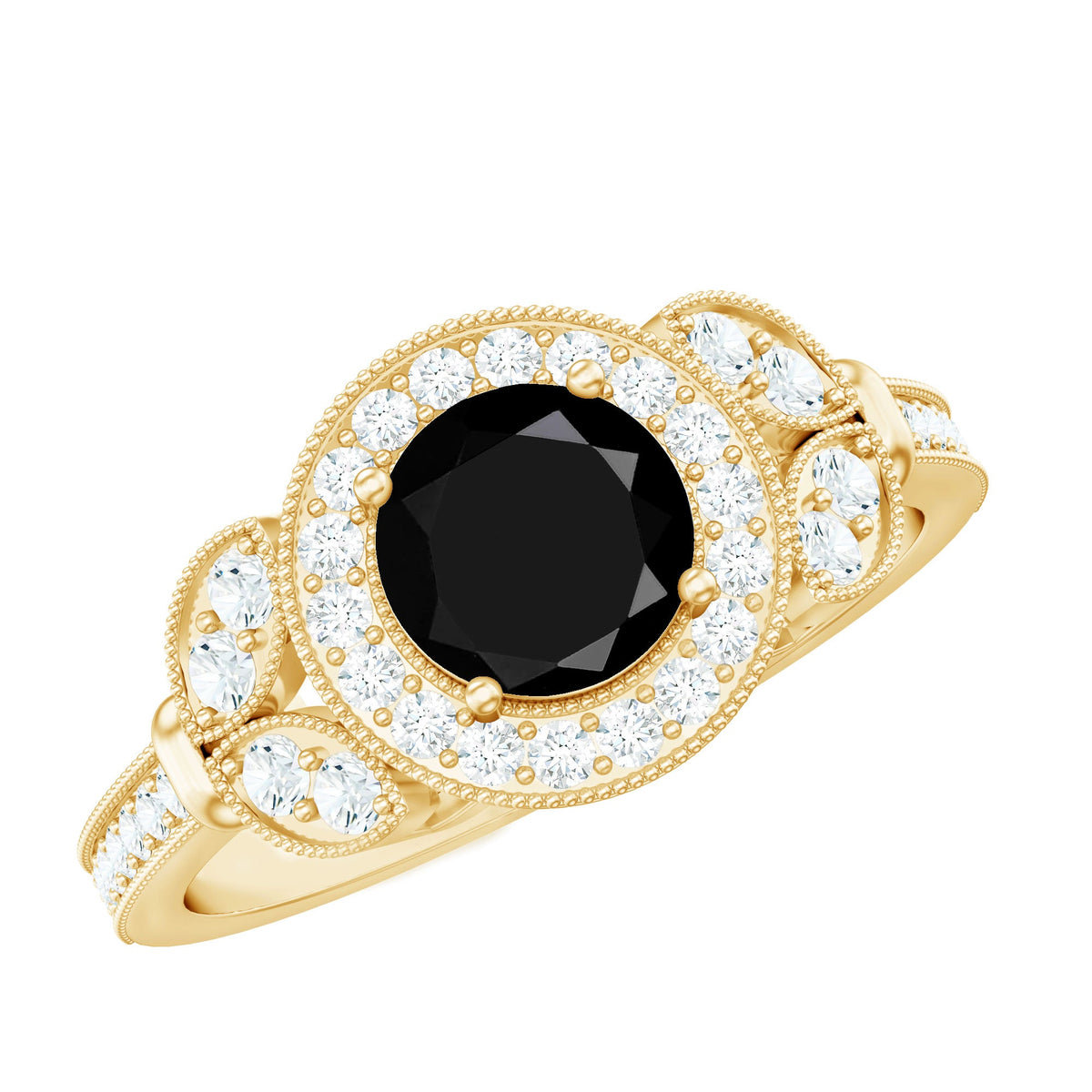 Vintage-style 1.3 carat lab-grown black diamond engagement ring with white diamonds, featuring intricate metalwork and elegant design.