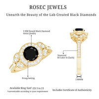 Vintage-style 1.3 carat lab-grown black diamond engagement ring with white diamond accents by Rosec Jewels.