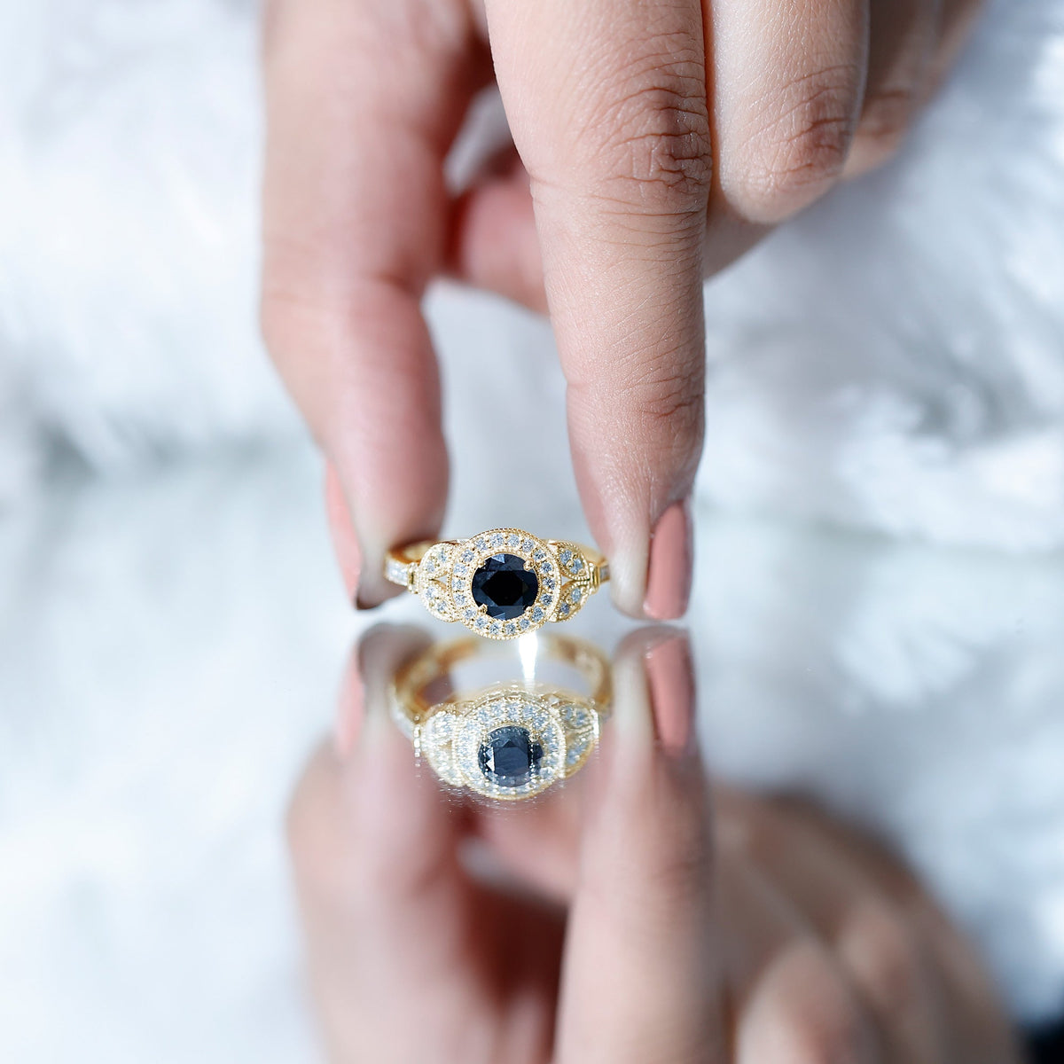 Vintage-looking 1.3 carat lab-grown black diamond engagement ring with white diamond accents, crafted by Rosec Jewels.