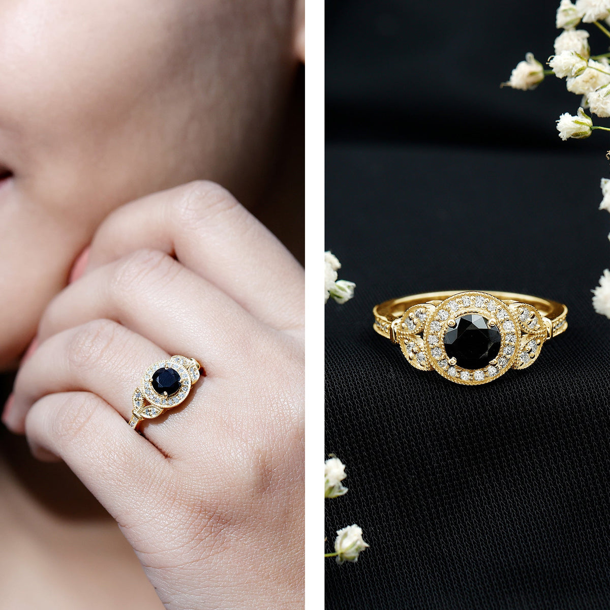 Vintage-looking 1.3 carat lab-grown black diamond engagement ring with white diamond accents, featuring intricate metalwork and rose gold finish.
