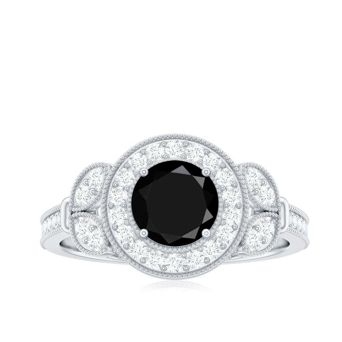 8mm Round Black Onyx Vintage Engagement Ring with Diamond Halo