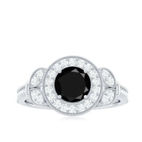 8mm Round Black Onyx Vintage Engagement Ring with Diamond Halo
