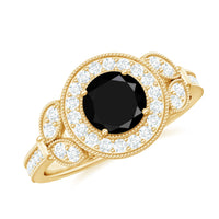 8mm Round Black Onyx Vintage Engagement Ring with Diamond Halo