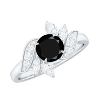 Genuine 2 Carat Round Black Onyx Floral Engagement Ring with Certificate