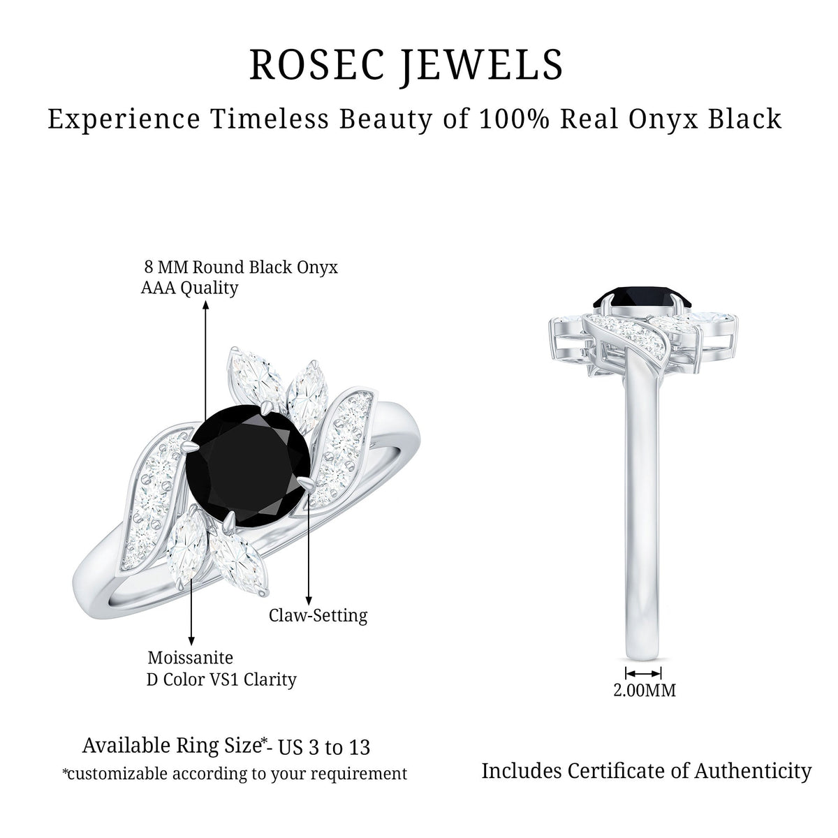 Genuine 2 Carat Round Black Onyx Floral Engagement Ring with Certificate