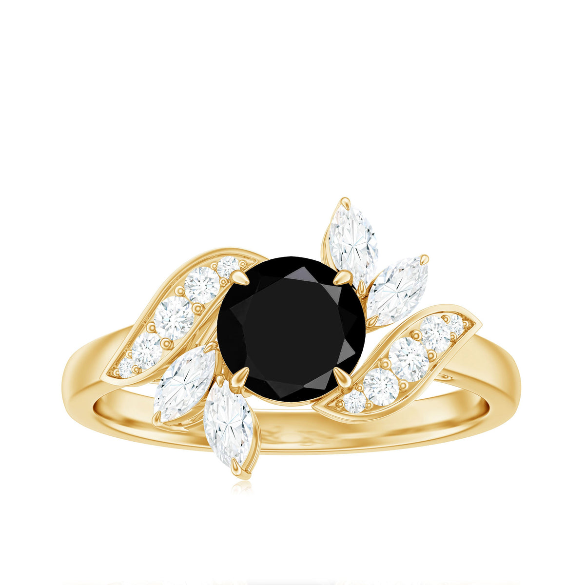 Genuine 2 Carat Round Black Onyx Floral Engagement Ring with Certificate