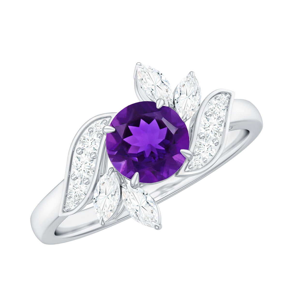 Nature-inspired 1 carat amethyst engagement ring with diamond accents by Rosec Jewels, featuring a detailed floral design.