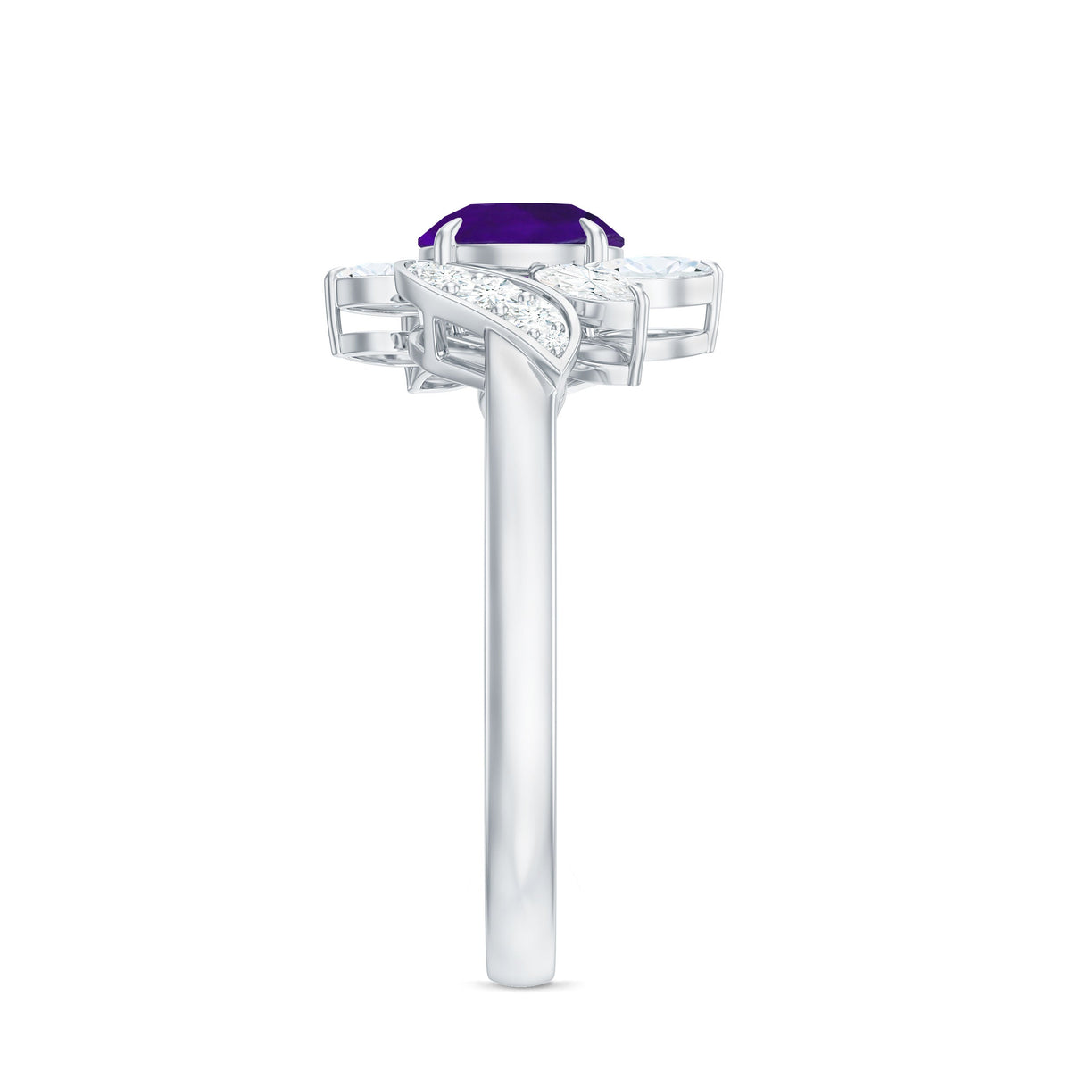 Nature-inspired 1 carat amethyst engagement ring with diamond accents by Rosec Jewels, featuring intricate metalwork and gemstone details.
